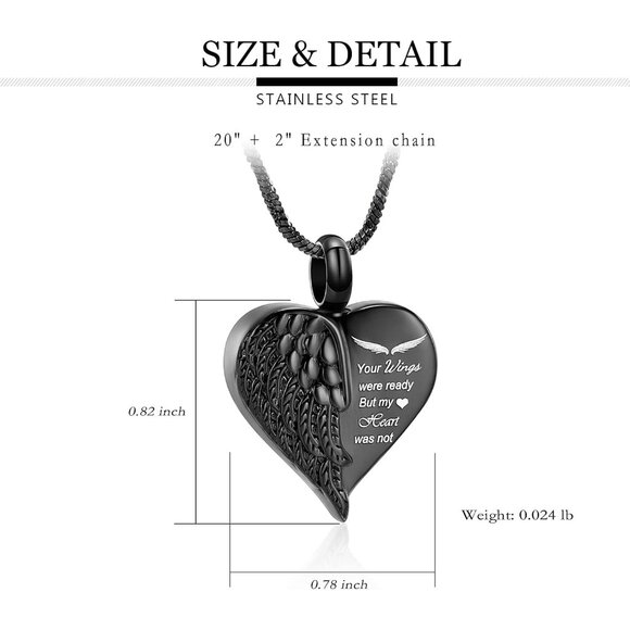 Personalized Angel Wing Heart Urn Necklace for Ashes - Keepsake Memorial Jewelry - Picture 2 of 7